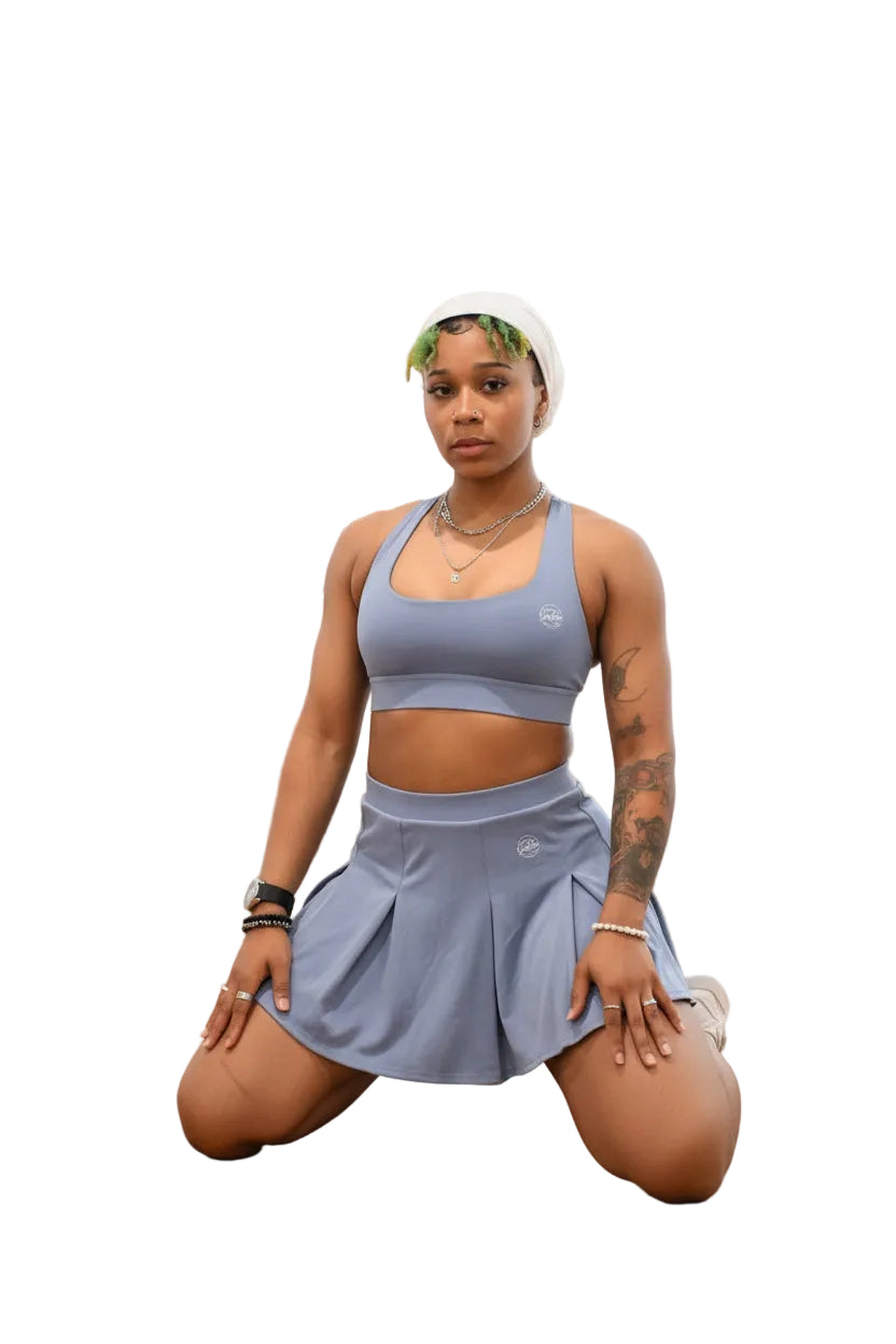 Sky Blue Pleated Skort Activewear Set - Sports Bra & Tennis Skort