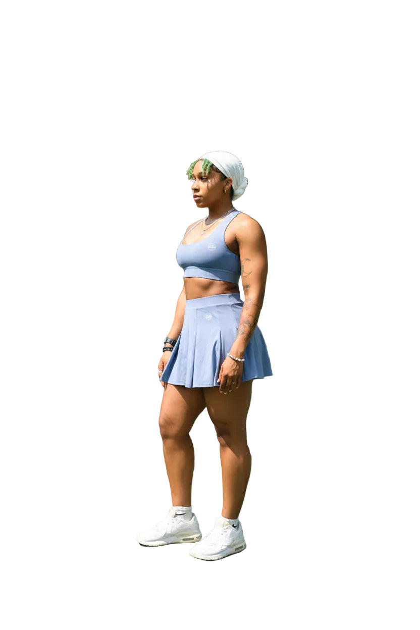Sky Blue Pleated Skort Activewear Set - Sports Bra & Tennis Skort
